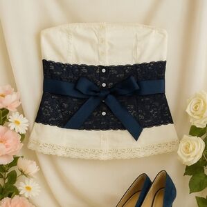 Lace Trimmed White and Navy Top